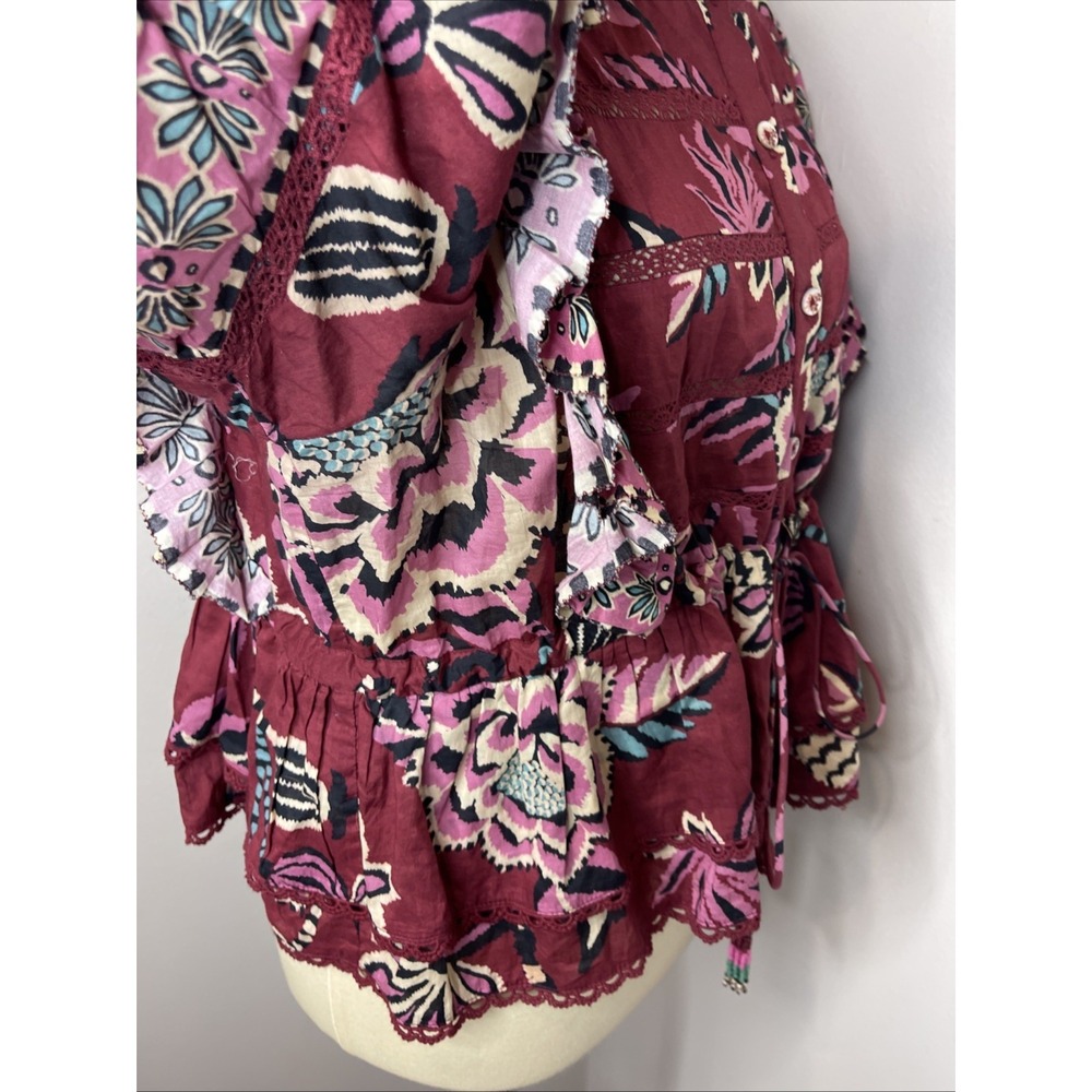 Farm Rio Womens Pineapple Inspiration Burgundy Ruffled Blouse Large - Picture 6 of 11